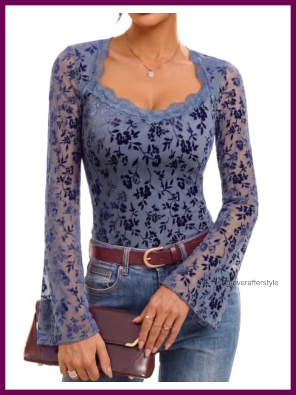 Mesh Lace Bell Sleeve Peasant Top Square Neck Date Night Blouse